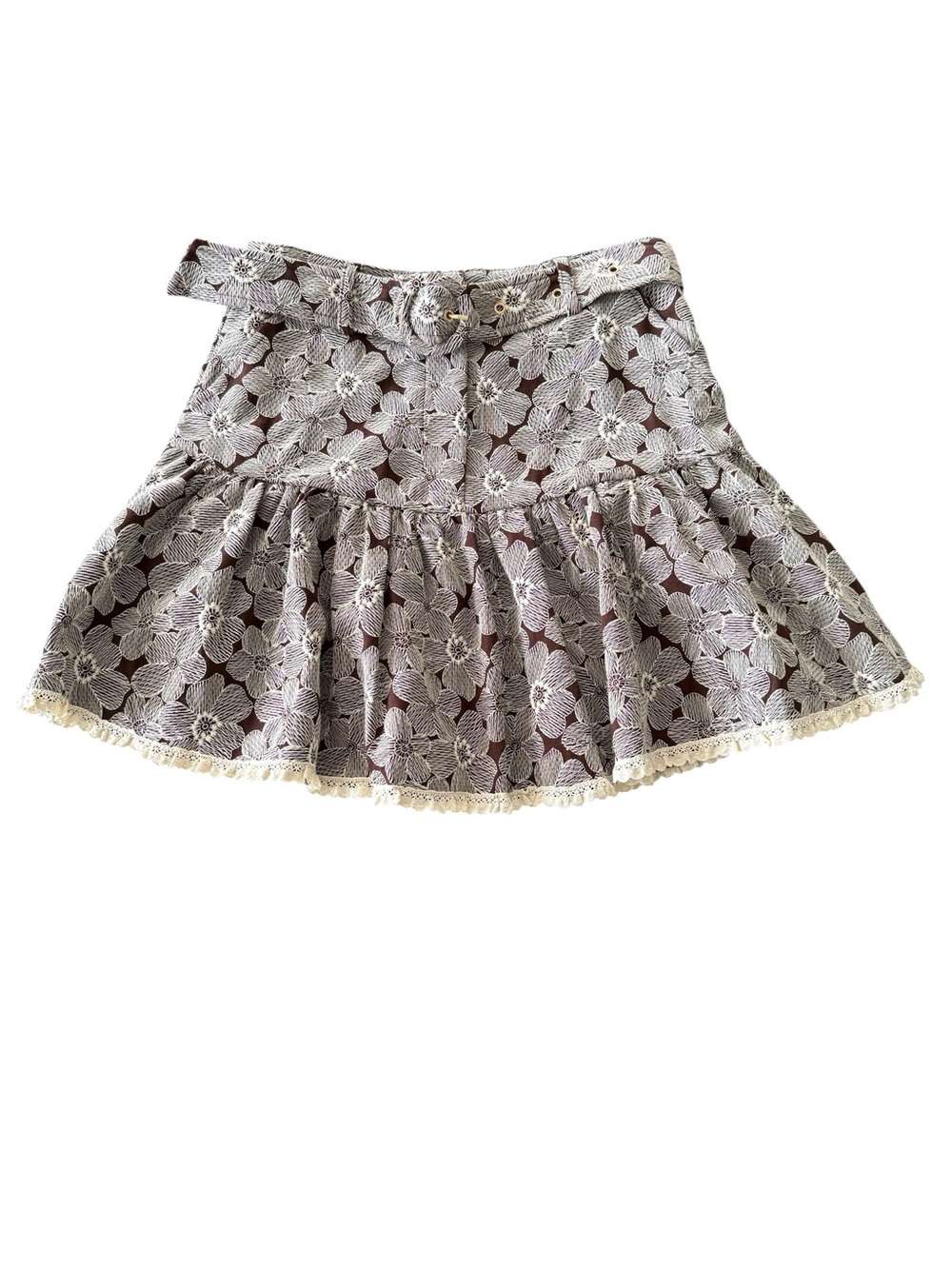 Sofie the Label Danielle Floral Eyelet Ruffle Mini Skirt with Belt Brown Size S